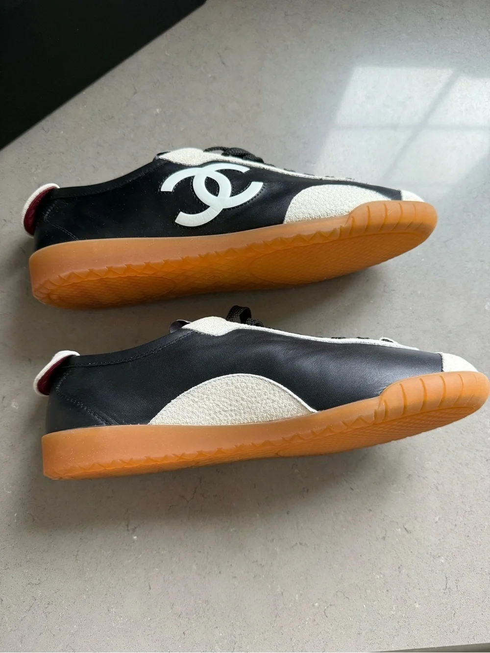 BNWT Chanel Black/White Calfskin & Embossed Suede Sneakers, Size 37